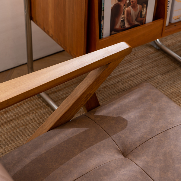 K型扶手单人沙发椅 实木 软包 棕色 室内休闲椅 复古风 N101-16