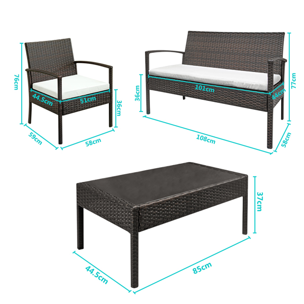 OUTVITA 2pcs单人沙发和1pc双人沙发和1pc茶几 扶手镂空 棕色渐变 编藤四件套 铁框架 欧洲 N001-17