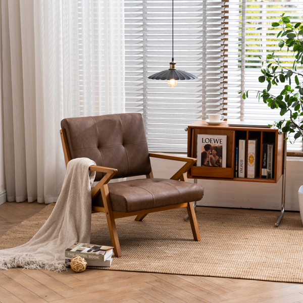 K型扶手单人沙发椅 实木 软包 棕色 室内休闲椅 复古风 N101-4