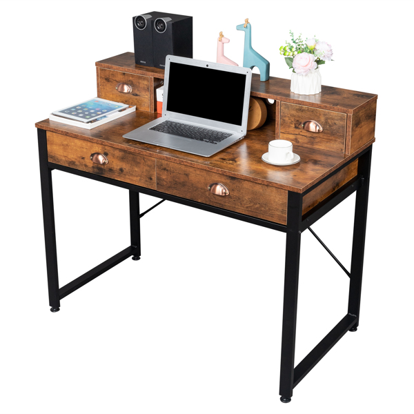老古木桌面+黑色钢架 刨花板 106*54*90cm 两小抽+两大抽 电脑桌 可用于学习桌 书桌 N001-5