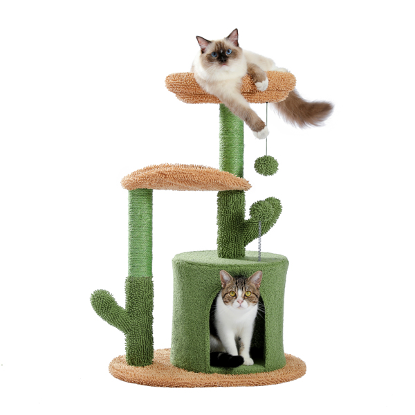 仙人掌系列猫台带有1个舒适的猫窝，宽敞的顶部躺窝，吊床，剑麻猫抓柱和吊球，适合中小型猫锻炼休息-2