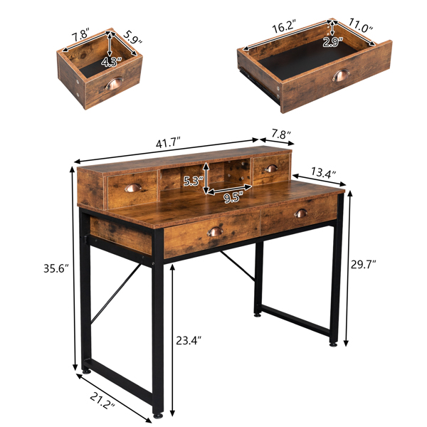 老古木桌面+黑色钢架 刨花板 106*54*90cm 两小抽+两大抽 电脑桌 可用于学习桌 书桌 N001-9