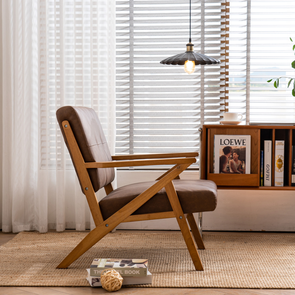 K型扶手单人沙发椅 实木 软包 棕色 室内休闲椅 复古风 N101-11