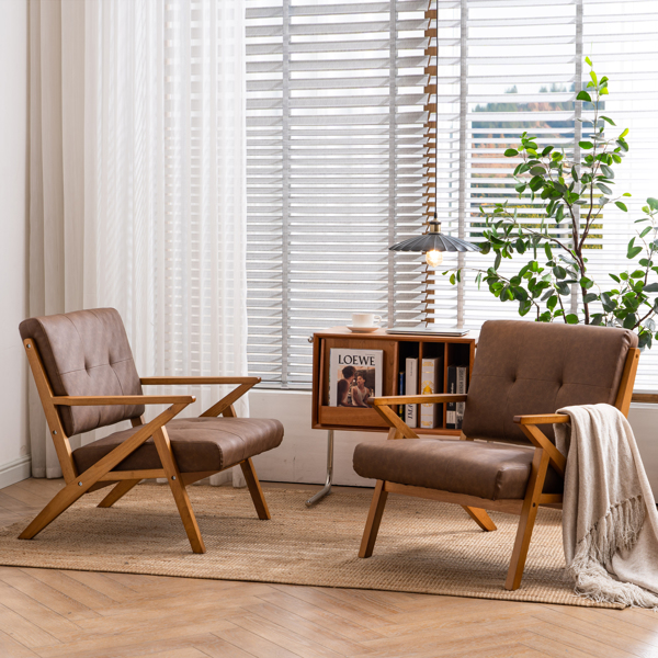 K型扶手单人沙发椅 实木 软包 棕色 室内休闲椅 复古风 N101-35