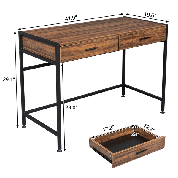 复古木桌面+黑色钢架 刨花板 106*50*75cm 两抽 电脑桌 可用于学习桌 书桌 N001-9