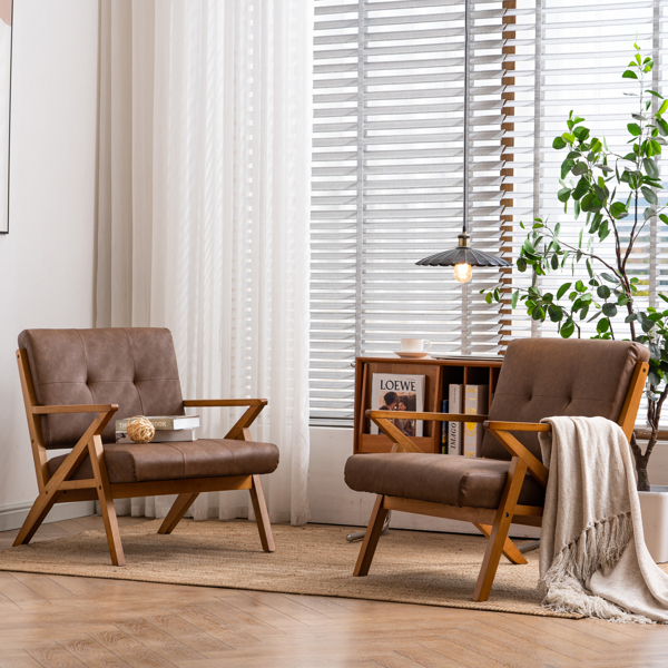 K型扶手单人沙发椅 实木 软包 棕色 室内休闲椅 复古风 N101-29