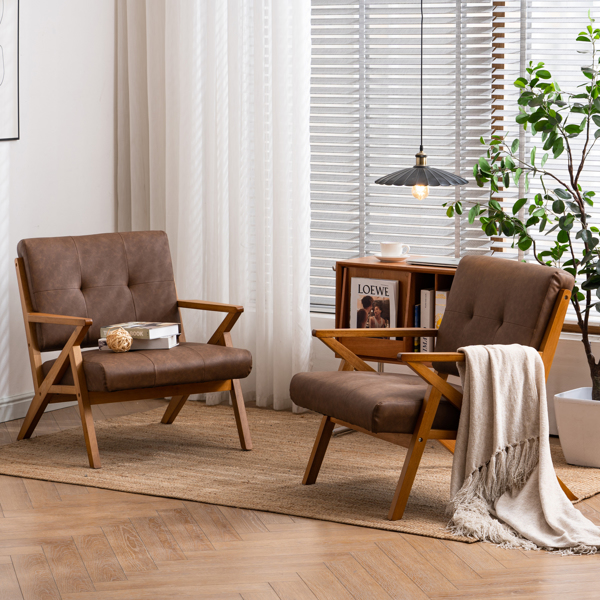 K型扶手单人沙发椅 实木 软包 棕色 室内休闲椅 复古风 N101-28