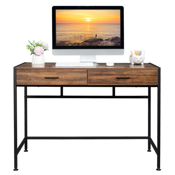 复古木桌面+黑色钢架 刨花板 106*50*75cm 两抽 电脑桌 可用于学习桌 书桌 N001-5