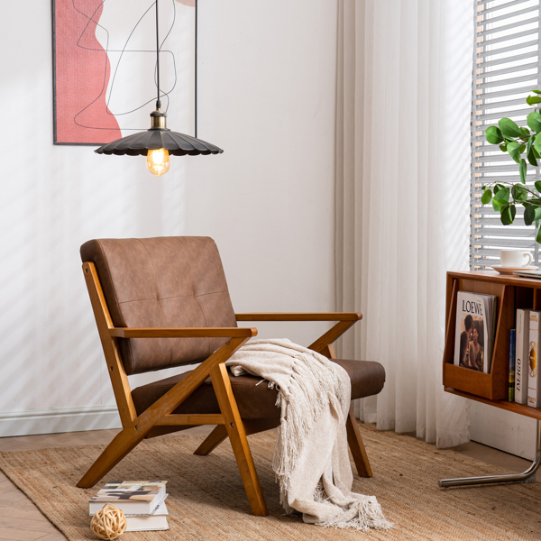 K型扶手单人沙发椅 实木 软包 棕色 室内休闲椅 复古风 N101-22