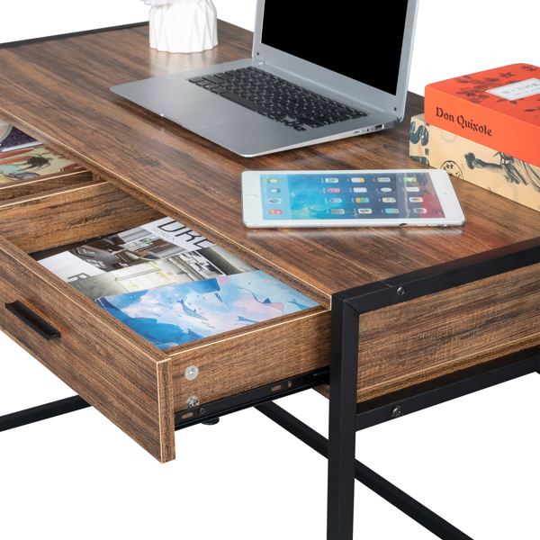 复古木桌面+黑色钢架 刨花板 106*50*75cm 两抽 电脑桌 可用于学习桌 书桌 N001-11