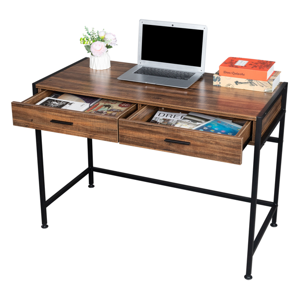 复古木桌面+黑色钢架 刨花板 106*50*75cm 两抽 电脑桌 可用于学习桌 书桌 N001-6