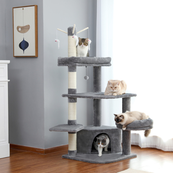 灰色大型猫台带有宽敞猫窝，顶部躺窝和多层跳跃平台，以及剑麻猫抓柱和各类猫互动玩具，适合大型猫锻炼和休息