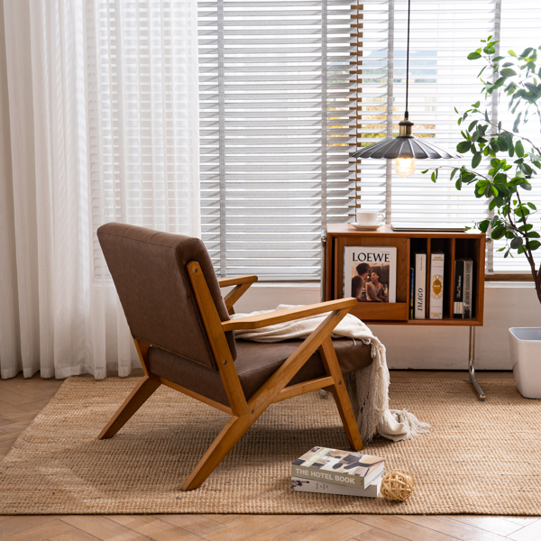 K型扶手单人沙发椅 实木 软包 棕色 室内休闲椅 复古风 N101-21