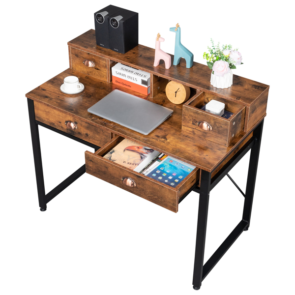 老古木桌面+黑色钢架 刨花板 106*54*90cm 两小抽+两大抽 电脑桌 可用于学习桌 书桌 N001-2