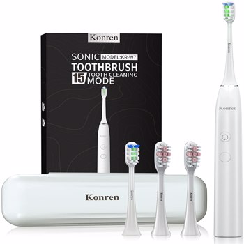Konren 电动牙刷 KR-W7 声波牙刷，带 4 个刷头和定时器，5 种模式和 3 个振动级别，带旅行袋，白色