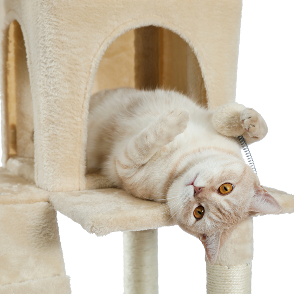 米色猫台带有双窝，软毛绒猫床，猫抓柱，坡道，吊球，适合各类猫玩耍，休息-7