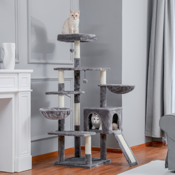 灰色猫台带有多层休息平台，舒适猫窝，顶部躺窝和2个吊床，剑麻猫抓柱和吊球，适合中小型猫