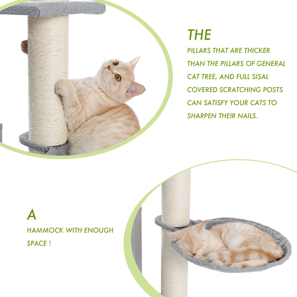 灰色多层猫台带有舒适的猫窝，顶部躺窝和吊床，猫抓柱和猫互动玩具吊球，适合中小型猫-7