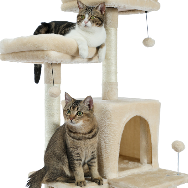 米色猫台带有双窝，软毛绒猫床，猫抓柱，坡道，吊球，适合各类猫玩耍，休息-5