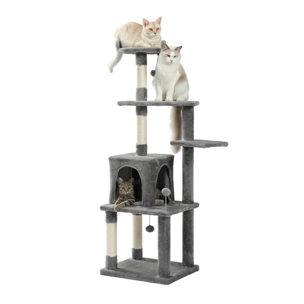 灰色多层猫台带有猫窝，软毛绒猫床，猫抓柱，吊球，适合猫咪休息，锻炼-7