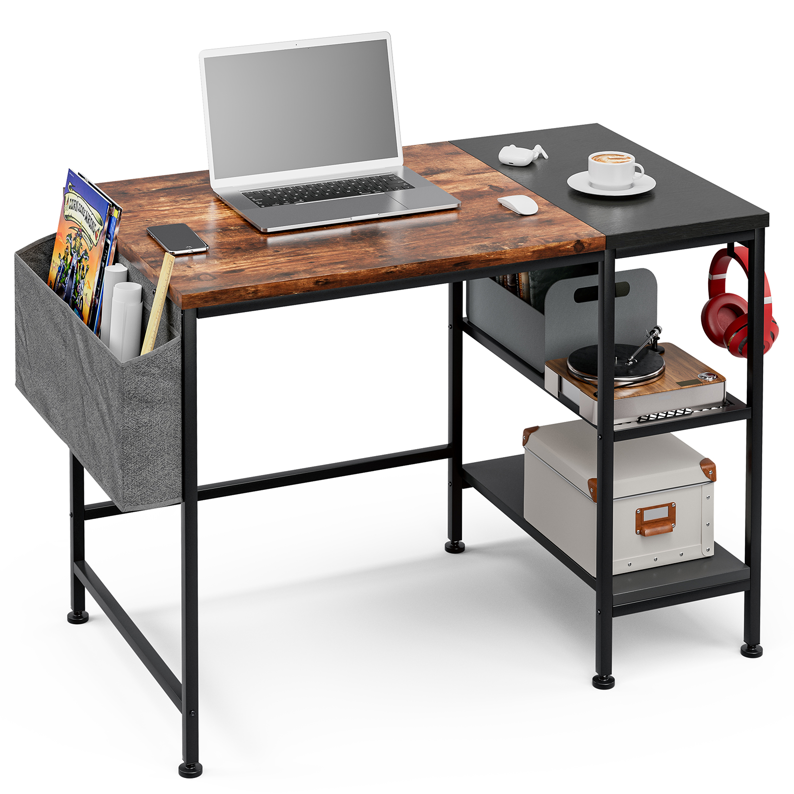 Office Desk, 100cm Computer Desk with Storage Shelves, Laptop Table with Storage Bag and Headphone Hook, Home Workstations Industrial Design for Home Office, Small Places, Bedroom