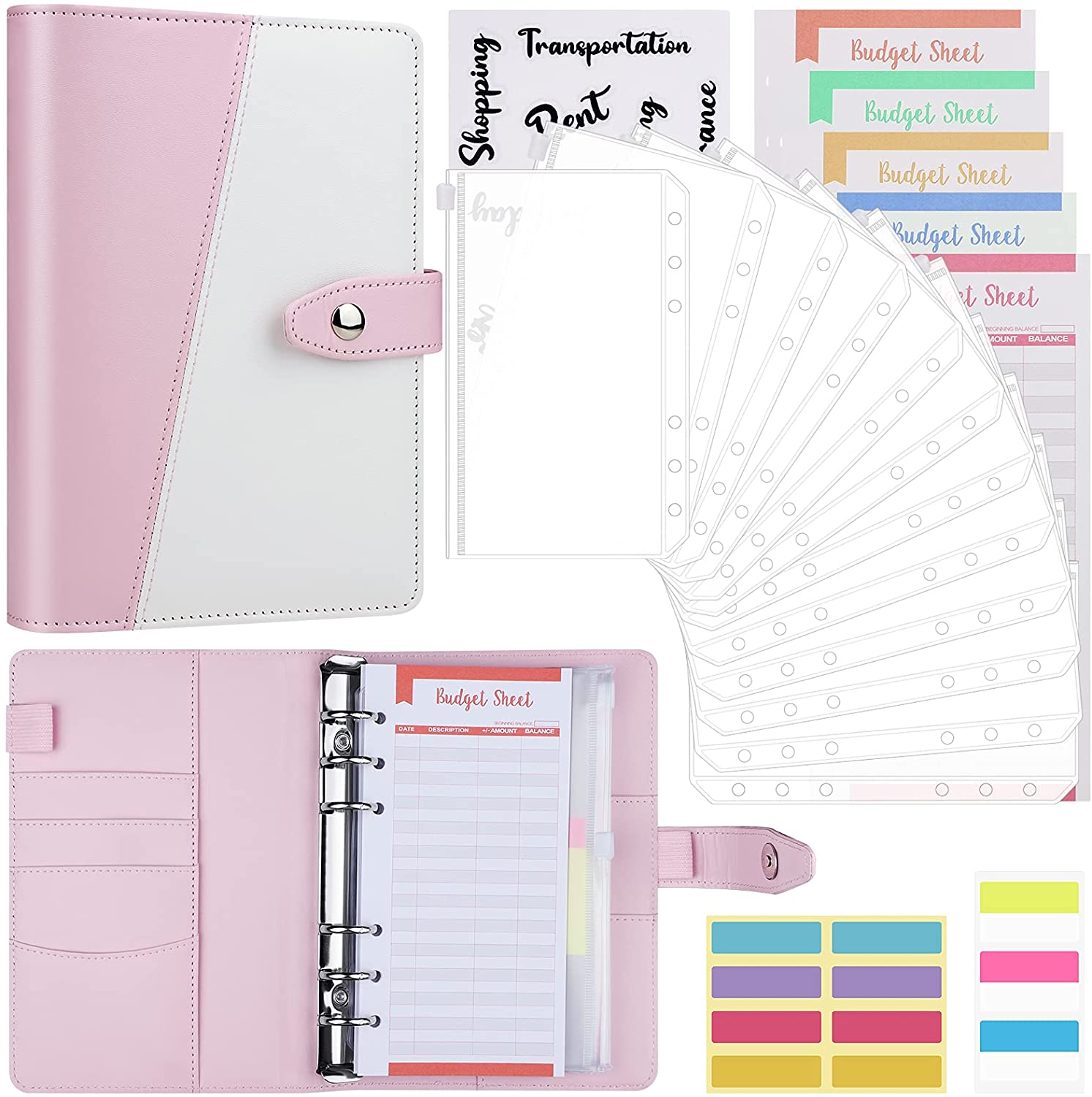 （Amazon Banned）Budget Binder, Money Organizer for Cash with 12pcs Clear Pockets & 24pcs Budget Sheets Budget Planner A6 Binder with PU Leather, Cash Envelopes for Budgeting with Label Stickers