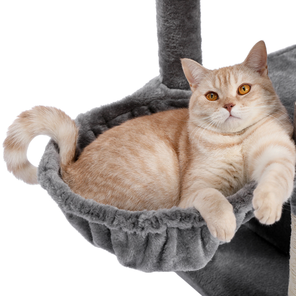 灰色的多功能猫台带有2个宽敞舒适的猫窝和吊床，剑麻猫抓柱和吊球，适合多只猫锻炼，休息（美国分销最低零售价USD 99.99，低于最低零售价不发货）-8