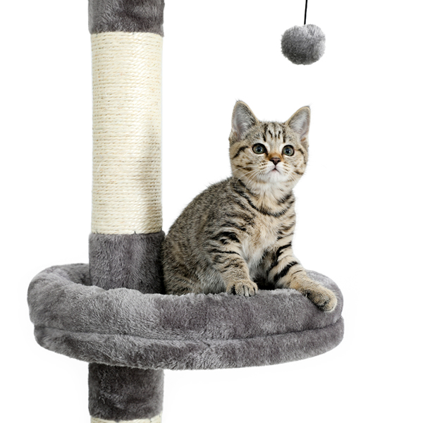 灰色5层落地猫爬架（高度可调节）带有多个跳跃和休息平台，剑麻猫抓柱和猫互动玩具吊球，适合小猫锻炼，休息-9