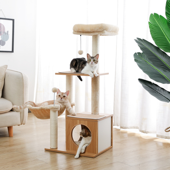 米色多层猫台带有宽敞的猫窝，舒适的顶部躺窝和吊床，剑麻猫抓柱和猫互动玩具吊球