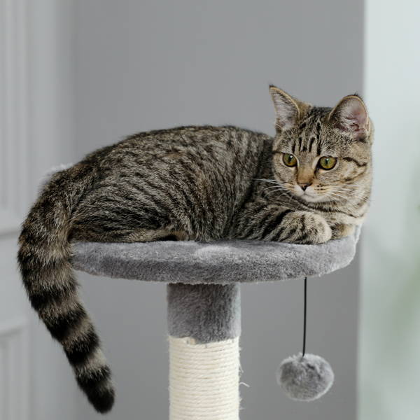 灰色多层猫台带有猫窝，软毛绒猫床，猫抓柱，吊球，适合猫咪休息，锻炼-9