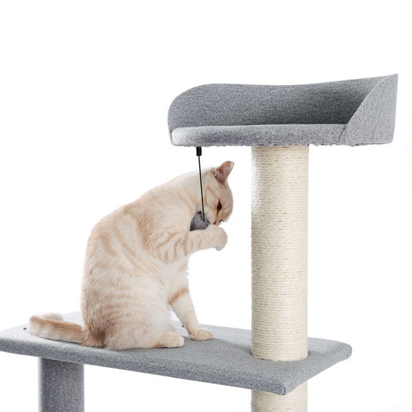 灰色多层猫台带有舒适的猫窝，顶部躺窝和吊床，猫抓柱和猫互动玩具吊球，适合中小型猫-6