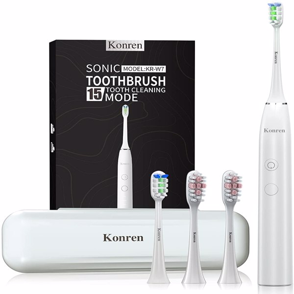 Konren 电动牙刷 KR-W7 声波牙刷，带 4 个刷头和定时器，5 种模式和 3 个振动级别，带旅行袋，白色-1