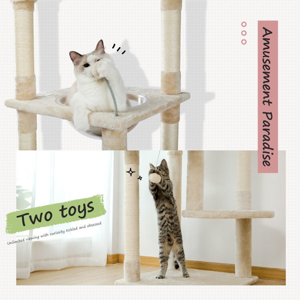 米色豪华猫台带有舒适的猫窝，吊床以及顶部的亚克力窝，多个跳跃和休息平台，剑麻猫抓柱和吊球，适合小型猫锻炼，休息-7