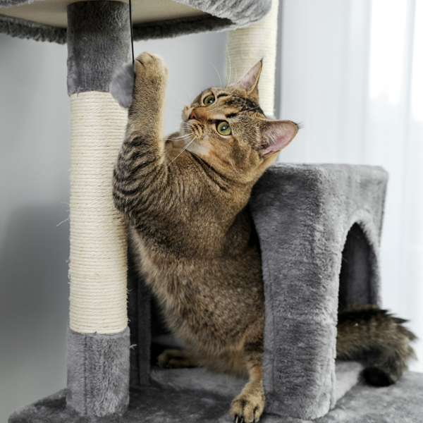 灰色猫台带有双窝，软毛绒猫床，猫抓柱，坡道，吊球，适合多只猫锻炼，休息-11