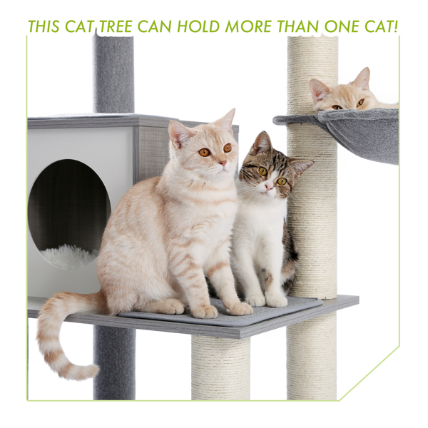 灰色多层猫台带有舒适的猫窝，顶部躺窝和吊床，猫抓柱和猫互动玩具吊球，适合中小型猫-8