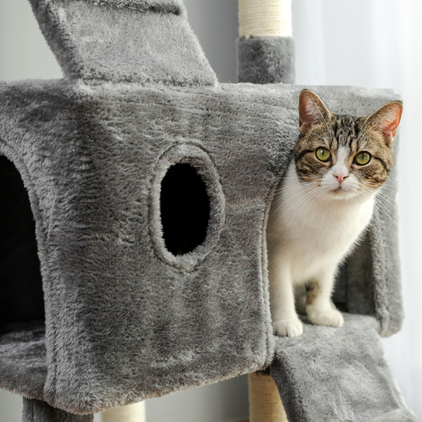灰色猫台带有双窝，软毛绒猫床，猫抓柱，坡道，吊球，适合多只猫锻炼，休息-10