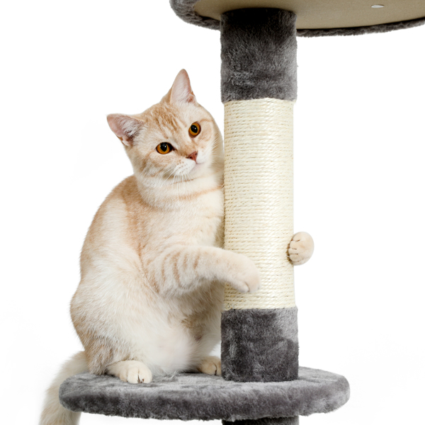 灰色5层落地猫爬架（高度可调节）带有多个跳跃和休息平台，剑麻猫抓柱和猫互动玩具吊球，适合小猫锻炼，休息-10
