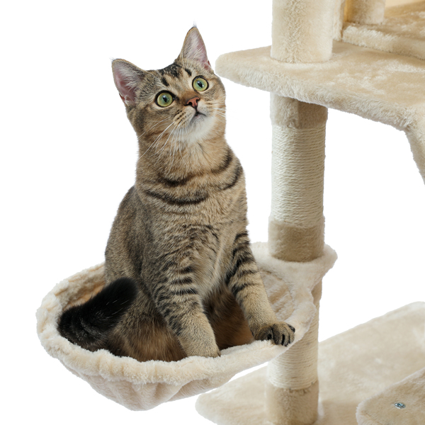 米色猫台带有双窝，软毛绒猫床，猫抓柱，坡道，吊球，适合各类猫玩耍，休息-8