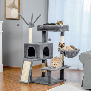 灰色多层猫台带有宽敞的猫窝，舒适的顶部躺窝和吊床，剑麻猫抓柱和猫互动玩具，适合大型猫锻炼，休息