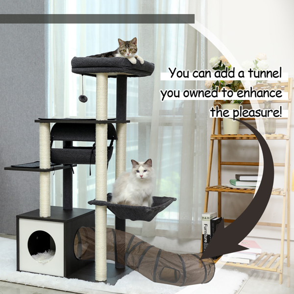 灰色猫台带有宽敞的猫窝，舒适的顶部躺窝和吊床，小型隧道，剑麻猫抓柱，吊球以及多层跳跃和休息平台（周末无法发货，请谨慎下单）-5