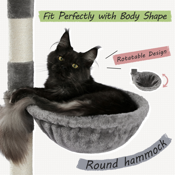 灰色豪华猫台带有舒适的猫窝，吊床以及顶部的亚克力窝，多个跳跃和休息平台，剑麻猫抓柱和吊球，适合小型猫锻炼，休息-7
