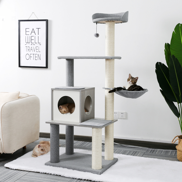 灰色多层猫台带有舒适的猫窝，顶部躺窝和吊床，猫抓柱和猫互动玩具吊球，适合中小型猫-11