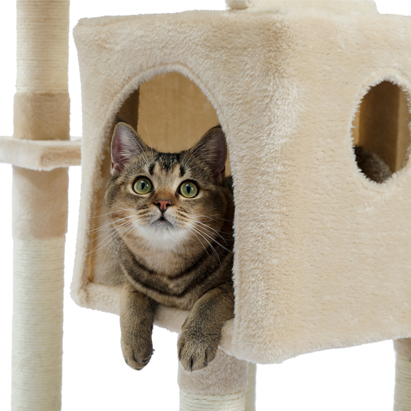 米色猫台带有双窝，软毛绒猫床，猫抓柱，坡道，吊球，适合各类猫玩耍，休息-6