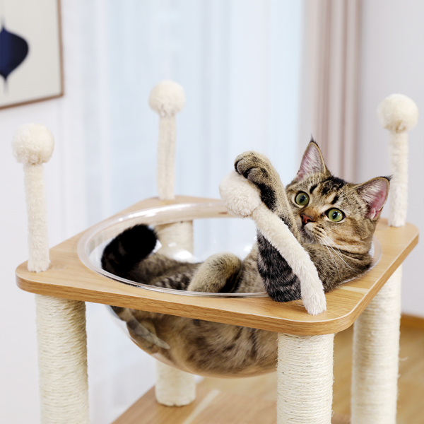 米色豪华猫台带有2个大型猫窝，独特的顶部透明窝，剑麻猫抓柱，侧边猫跳跃平台，适合多只猫锻炼，休息（周末无法发货，请谨慎下单）-10
