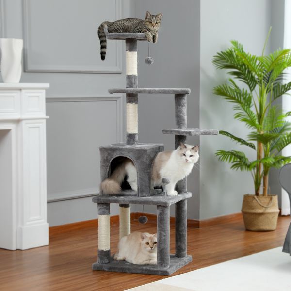 灰色多层猫台带有猫窝，软毛绒猫床，猫抓柱，吊球，适合猫咪休息，锻炼-6