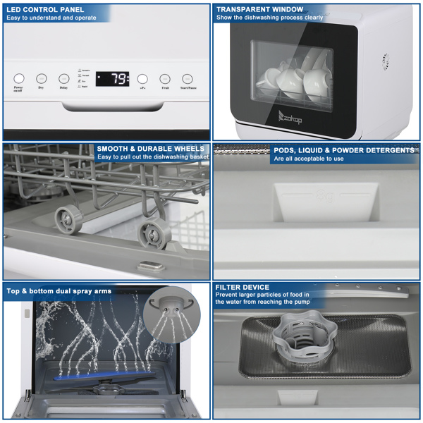 美规 WST5-A6B-TL 120V 840W 4 Sets 洗碗机 白色 ABS塑料 带水箱 4种洗涤模式 双喷淋臂 带照明灯-20