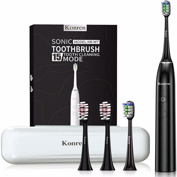 Konren 电动牙刷 KR-W7 声波牙刷，带 4 个刷头和定时器，5 种模式和 3 个振动级别，带旅行袋，黑色-1