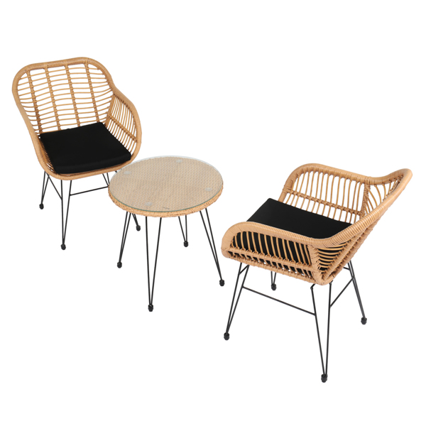 2pcs单人椅和1pc圆形茶几 稀编 黄色圆管 黑色坐垫 编藤三件套 PE 铁框架 150kg 欧洲 S001-2