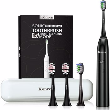 Konren 电动牙刷 KR-W7 声波牙刷，带 4 个刷头和定时器，5 种模式和 3 个振动级别，带旅行袋，黑色
