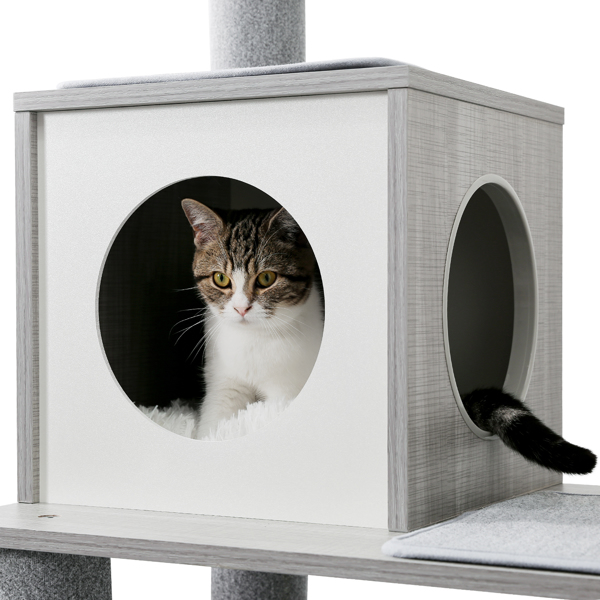 灰色多层猫台带有舒适的猫窝，顶部躺窝和吊床，猫抓柱和猫互动玩具吊球，适合中小型猫-5